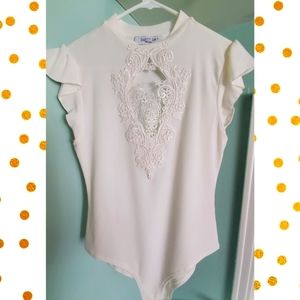 White with lace accent body suit, size medium